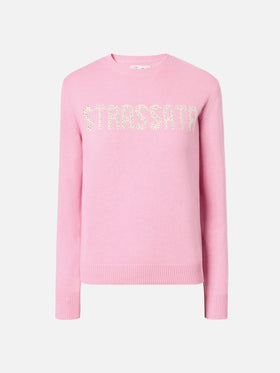 Maglione New Queen in misto cashmere rosa con applicazione in strass Strassata