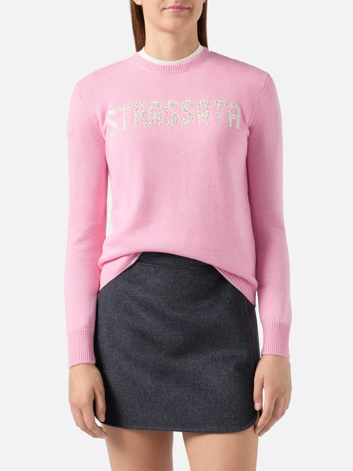 New Queen cashmere-blend sweater in pink with Strassata rhinestone appliqué