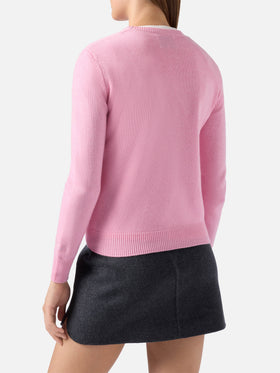 Maglione New Queen in misto cashmere rosa con applicazione in strass Strassata