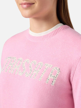 Maglione New Queen in misto cashmere rosa con applicazione in strass Strassata