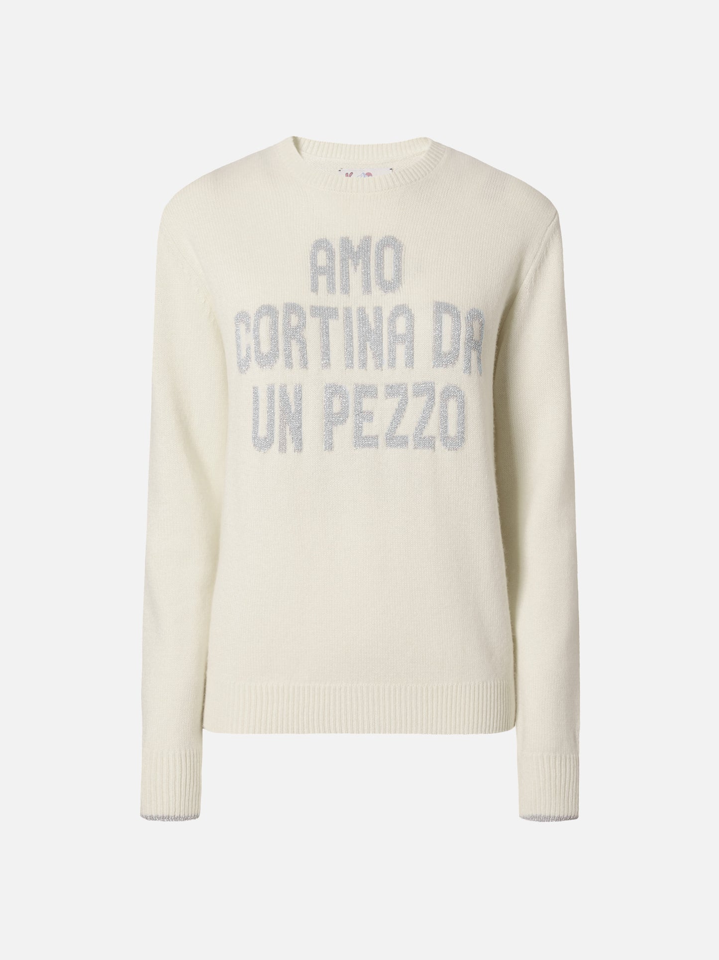 New Queen crewneck in white with Amo Cortina da un pezzo lurex jacquard