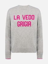 Maglione grigio da donna New Queen con stampa La vedo grigia