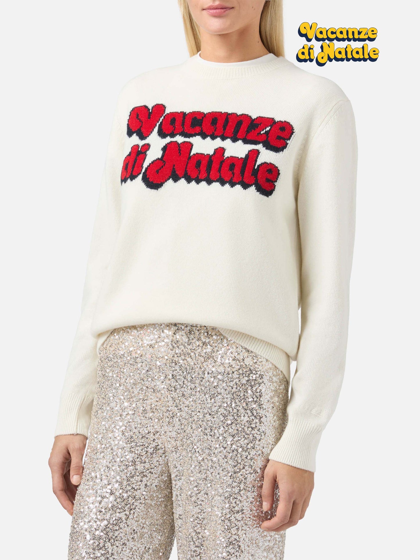 New Queen cashmere-blend sweater in white with Vacanze di Natale jacquard | VACANZE DI NATALE SPECIAL EDITION