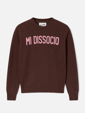 Maglia girocollo New Queen marrone con ricamo Mi Dissocio