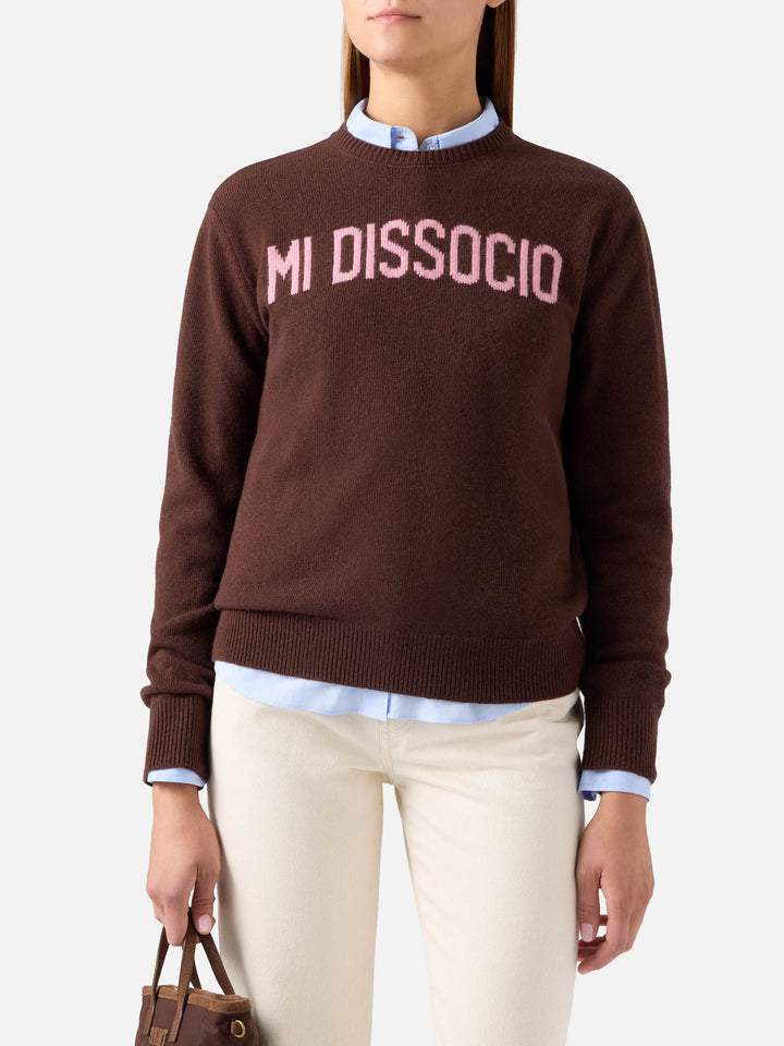 Maglia girocollo New Queen marrone con ricamo Mi Dissocio