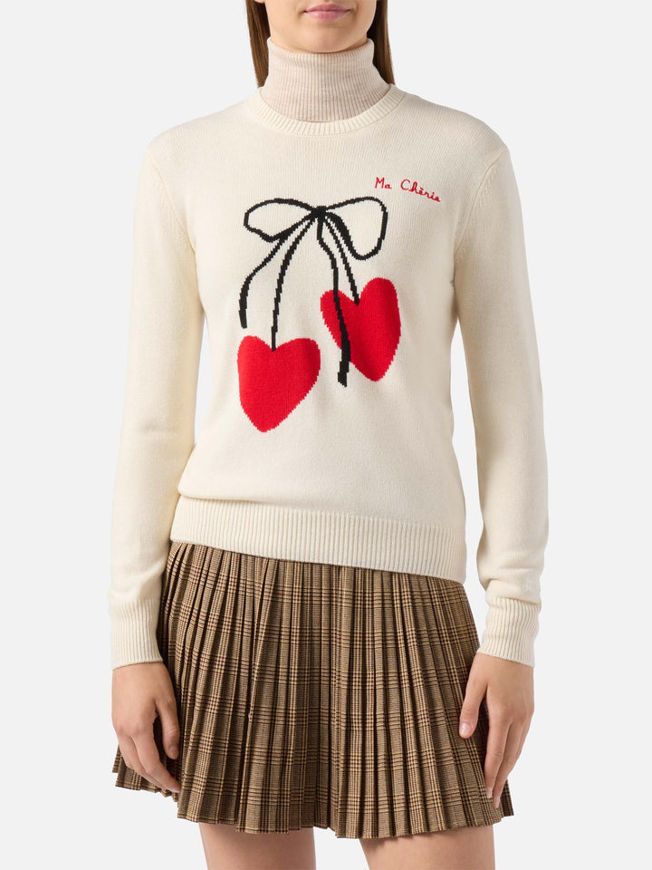 New Queen cashmere-blend sweater in white with Ma cherie embroidery
