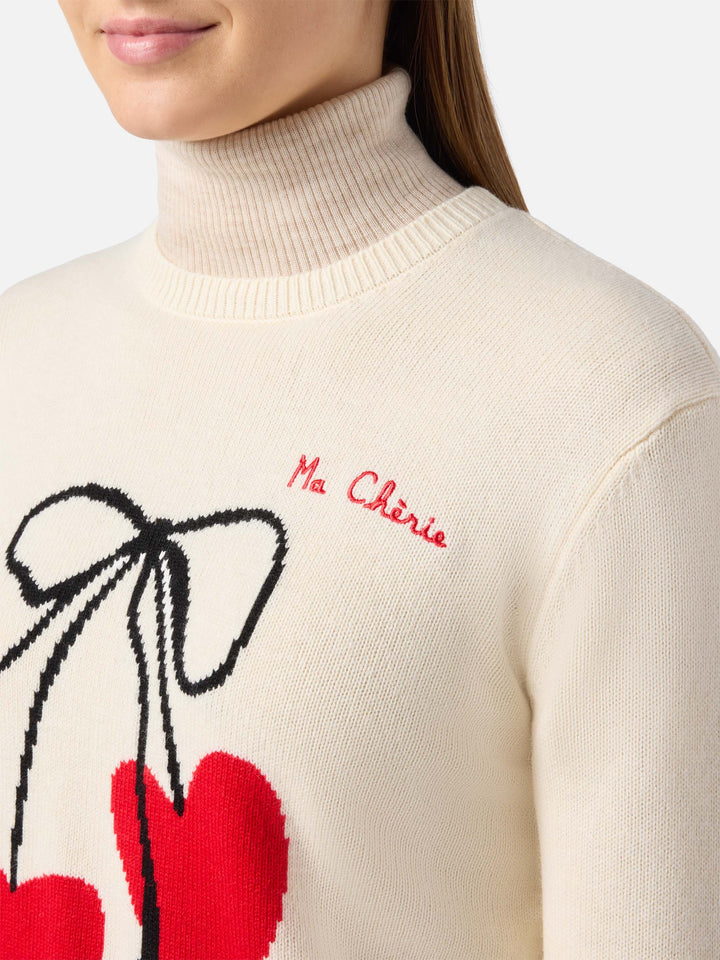 New Queen cashmere-blend sweater in white with Ma cherie embroidery