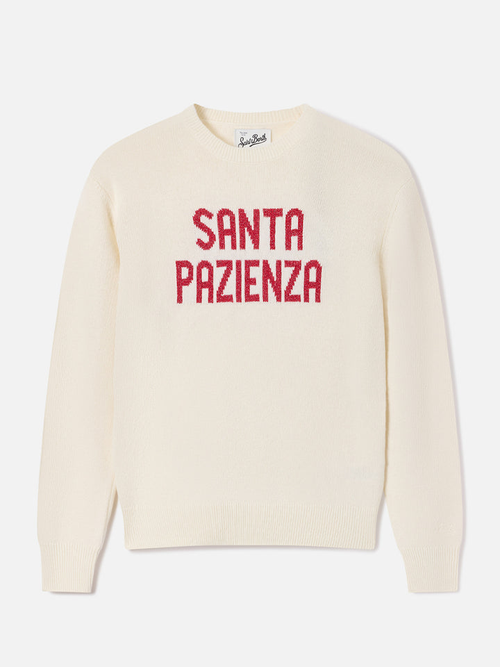 Pull en maille à col rond New Queen écru avec broderie lurex Santa Pazienza 