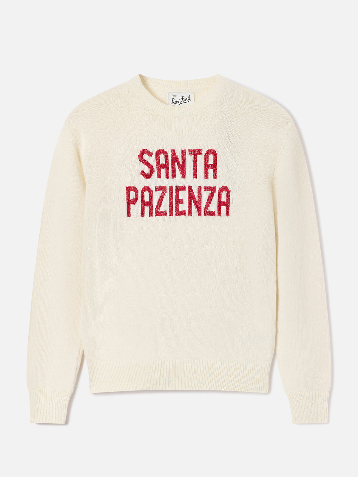 Off white New Queen crewneck knit with Santa Pazienza lurex embroidery