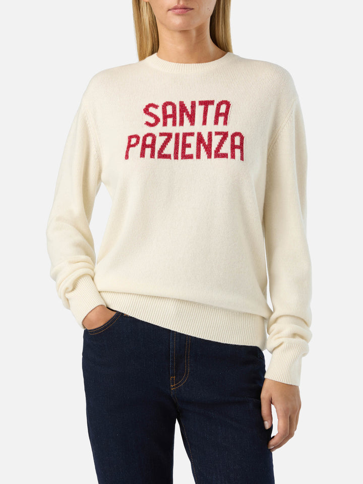 Jersey de punto con cuello redondo New Queen en blanco roto con bordado Santa Pazienza en lurex 