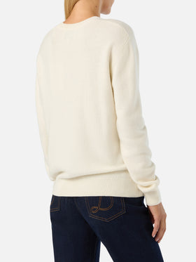 Off white New Queen crewneck knit with Santa Pazienza lurex embroidery