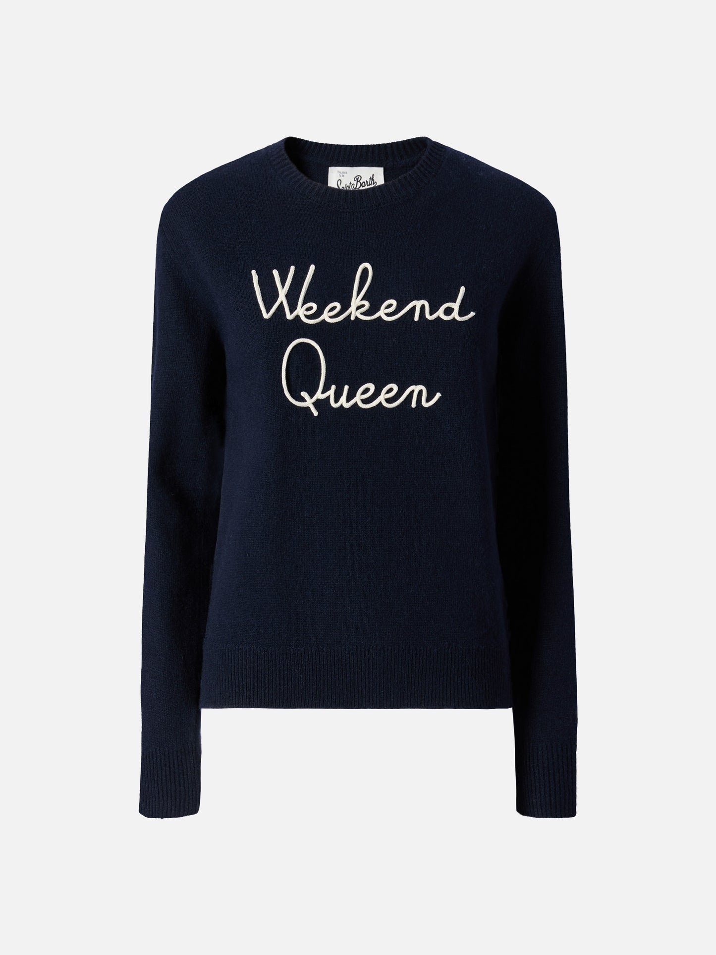 Neuer blauer Queen-Pullover aus Kaschmirmischung mit Weekend Queen-Stickerei