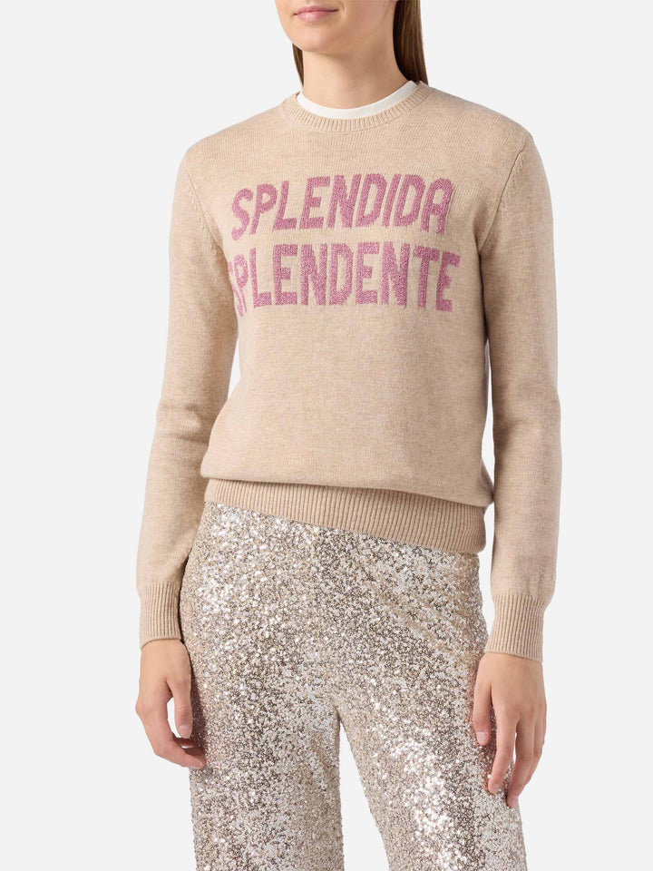 Maglione New Queen in misto cashmere bianco con jacquard lurex Splendida Splendente