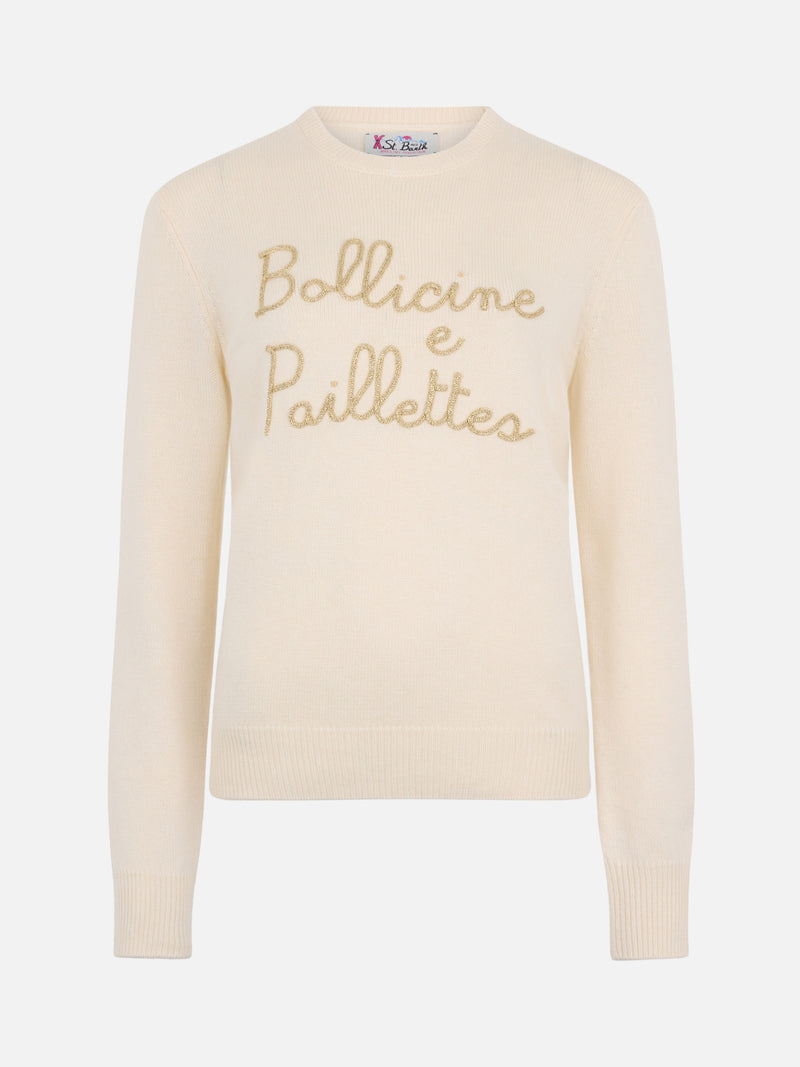 Woman beige sweater New Queen with Bollicine sequins embroidery