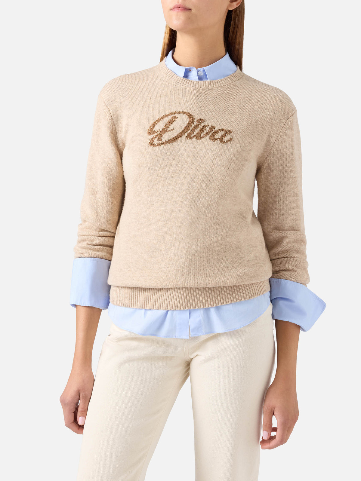 Pull en maille à col rond Beige New Queen avec broderie en strass Diva 