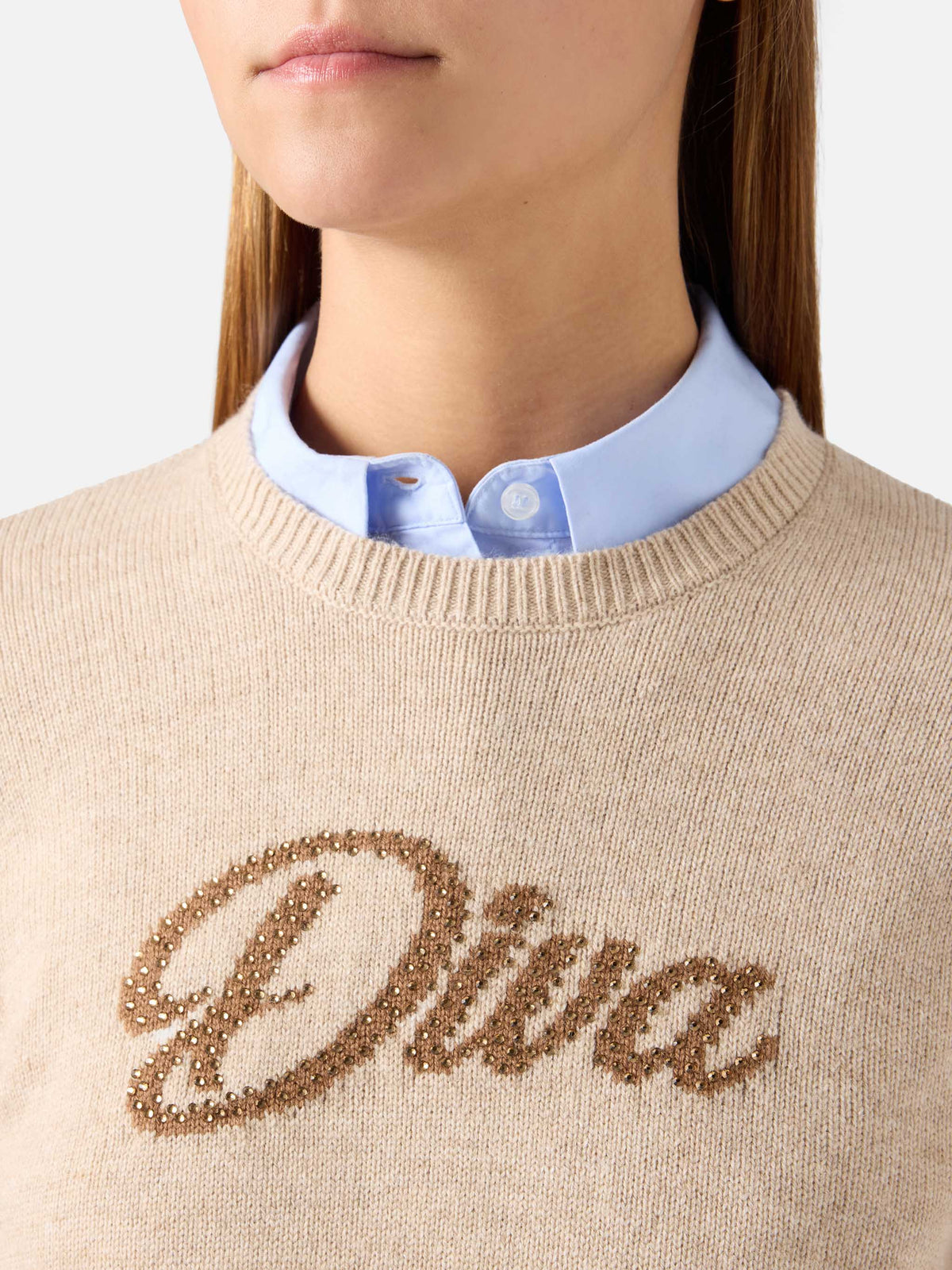 Pull en maille à col rond Beige New Queen avec broderie en strass Diva 