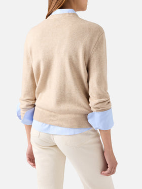 Pull en maille à col rond Beige New Queen avec broderie en strass Diva 