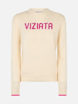 Woman white sweater New Queen with Viziata jacquard with rhinestones