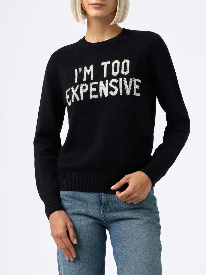 Woman black sweater New Queen with Stress I'm to expencive rhinestones print