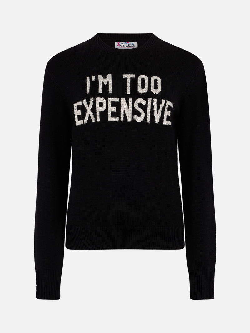 Woman black sweater New Queen with Stress I'm to expencive rhinestones print