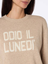 Maglione da donna beige New Queen con stampa Odio il Lunedì