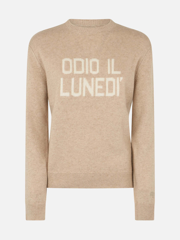 Woman beige sweater New Queen with Odio il Lunedì print