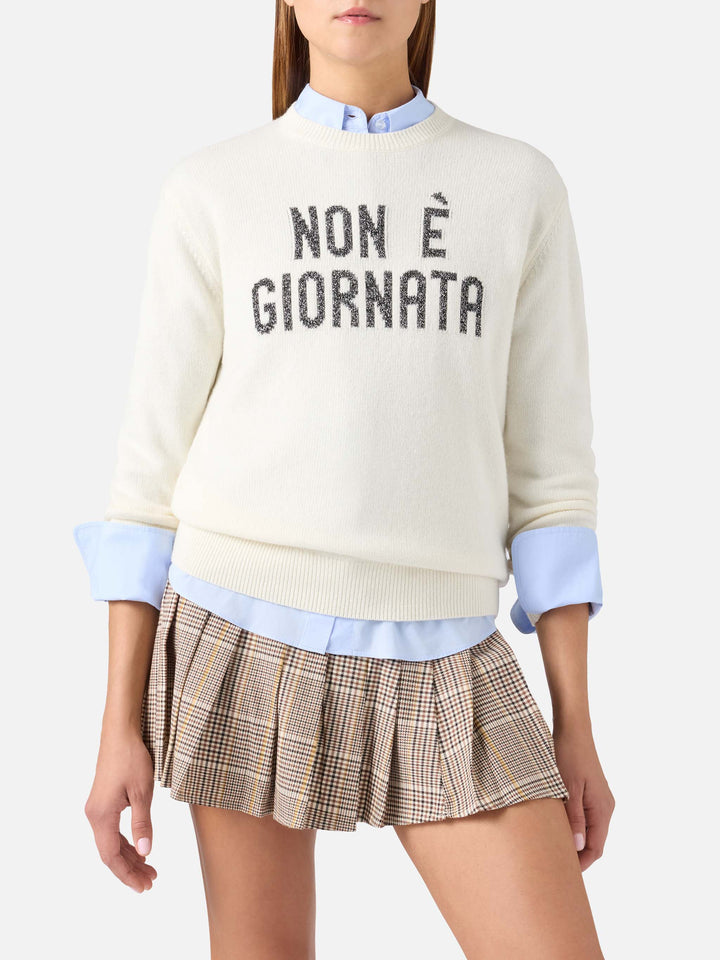 Off white New Queen Rundhals-Strick mit Non È Giornata Lurex-Stickerei 