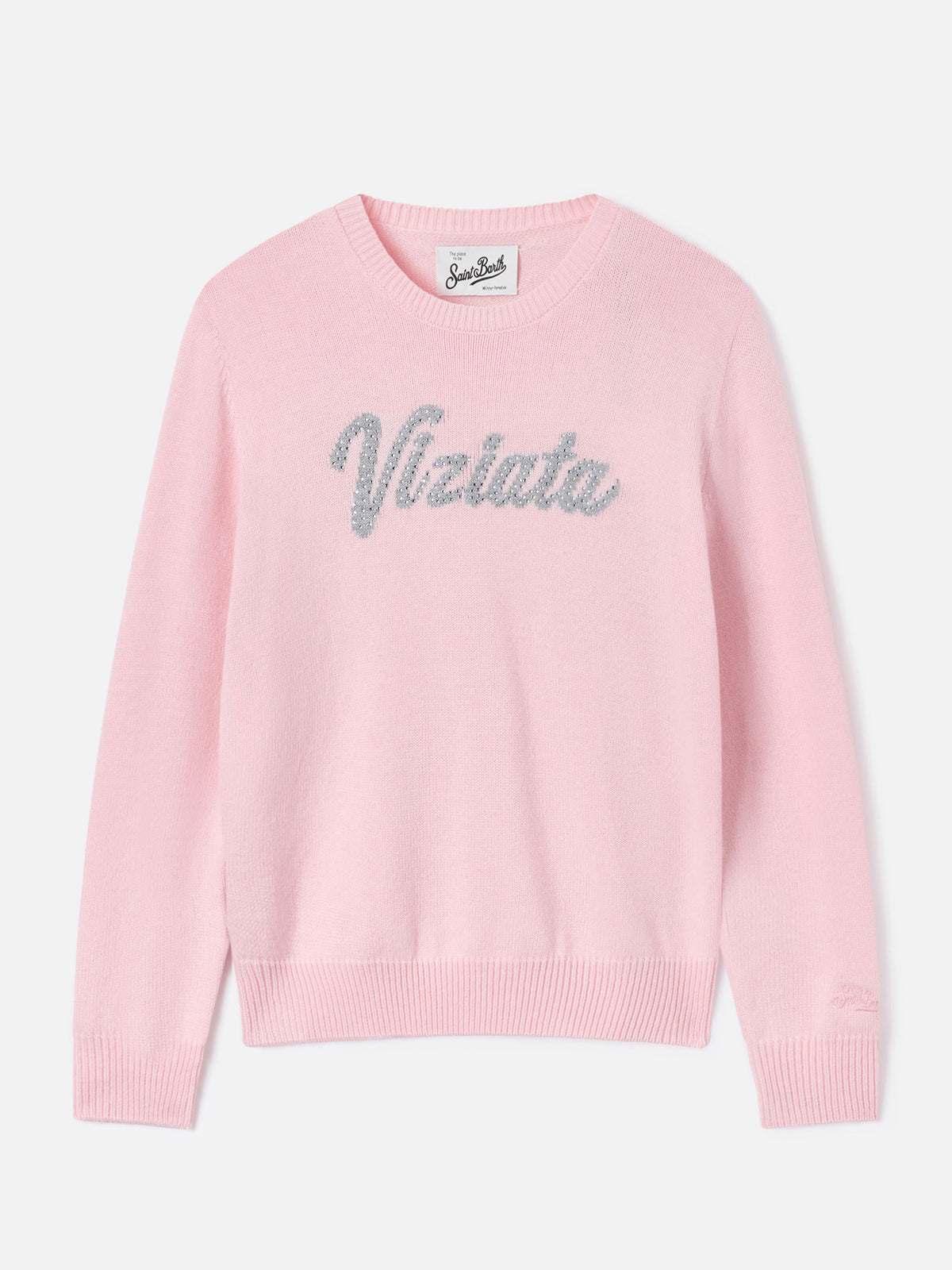Pink New Queen crewneck knit with Viziata rhinestone embroidery