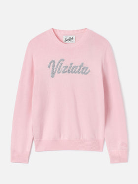 Pink New Queen crewneck knit with Viziata rhinestone embroidery