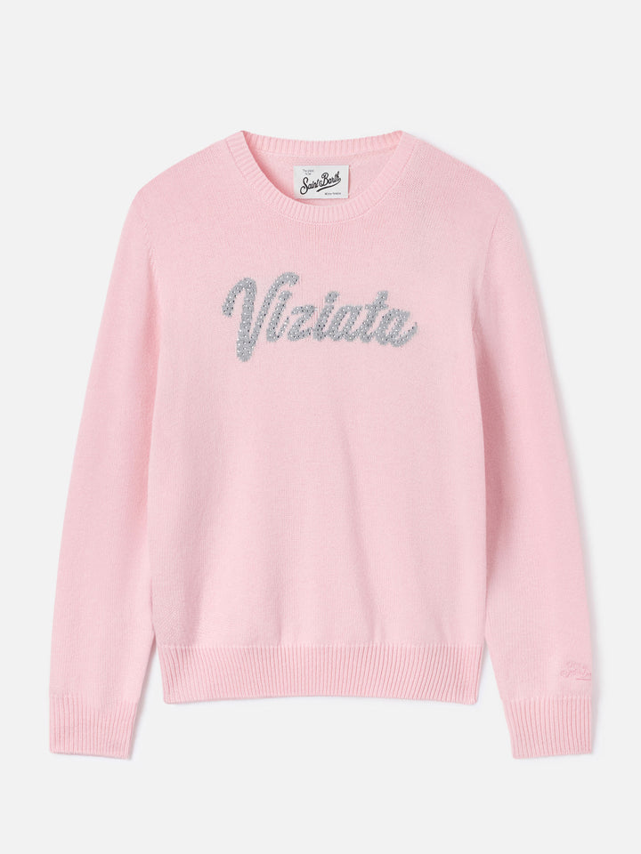 Maglia girocollo New Queen rosa con ricamo Viziata in strass