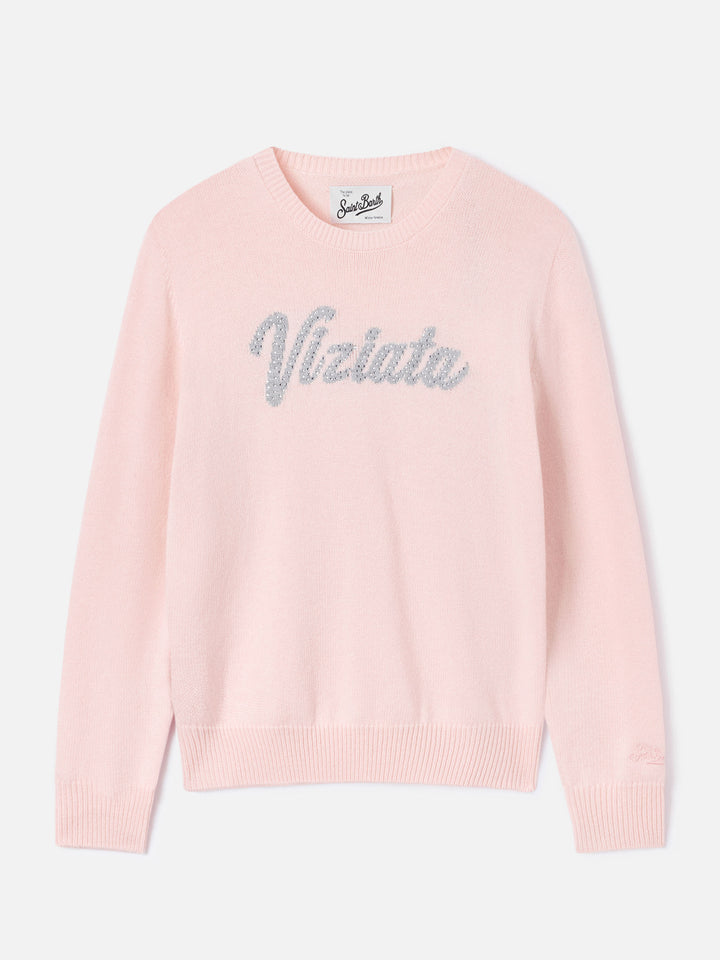 Pull col rond Pink New Queen avec broderie en strass Viziata 