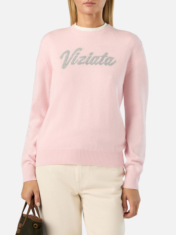 Pull col rond Pink New Queen avec broderie en strass Viziata 