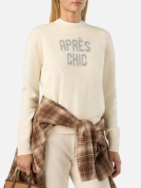 Jersey de punto de cuello redondo Off white New Queen con bordado de strass Après Chic 