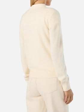 Jersey de punto de cuello redondo Off white New Queen con bordado de strass Après Chic 