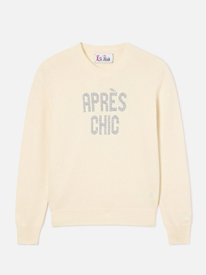 Pull en maille col rond New Queen blanc cassé avec broderie en strass Après Chic 