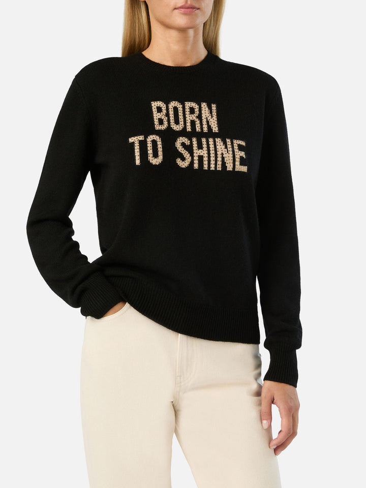 Maglia girocollo New Queen nera con ricamo Born To Shine in strass