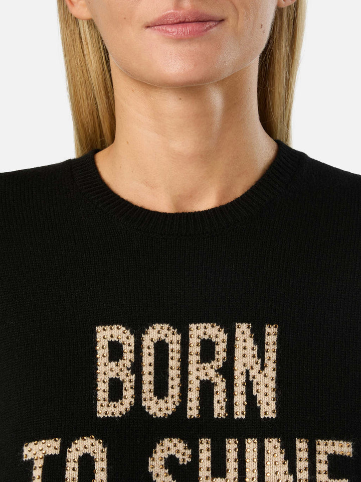 Maglia girocollo New Queen nera con ricamo Born To Shine in strass