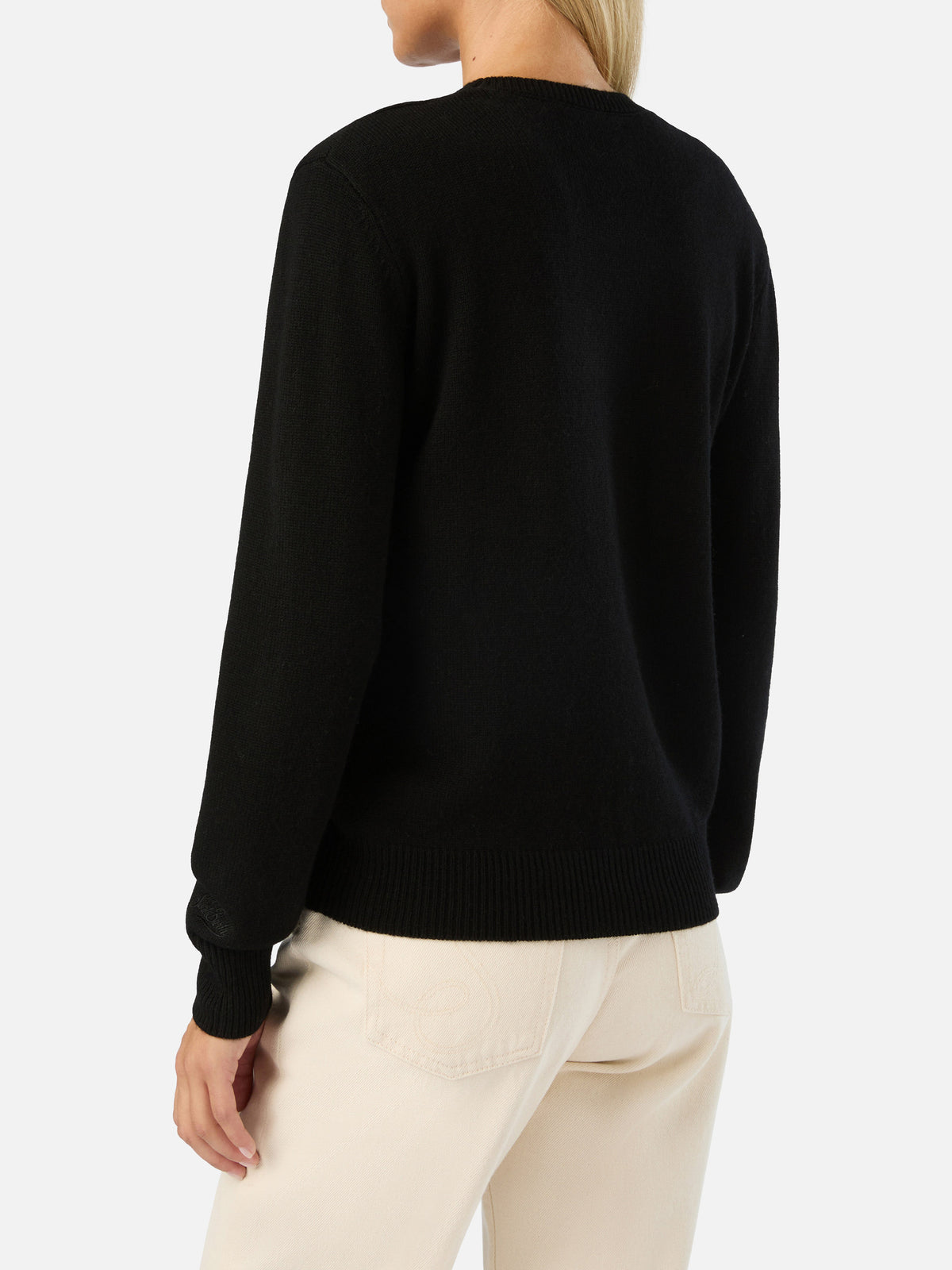 Black New Queen crewneck knit with Born To Shine rhinestone embroidery