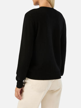 Black New Queen crewneck knit with Born To Shine rhinestone embroidery