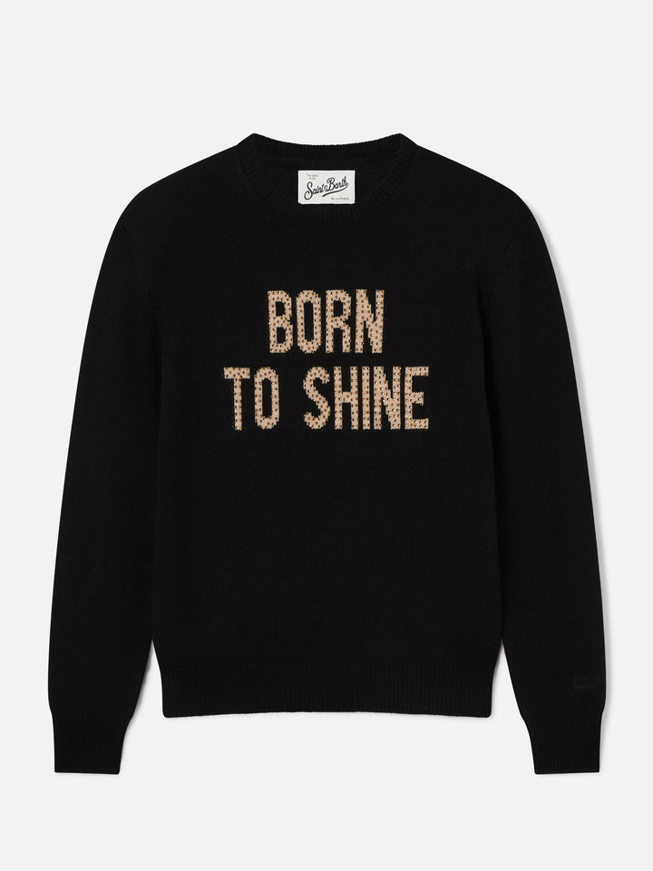 Black New Queen crewneck knit with Born To Shine rhinestone embroidery
