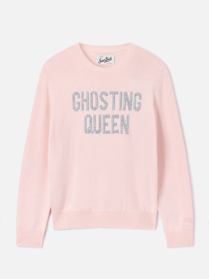 Pull rose New Queen à col rond en maille avec broderie en strass Ghosting Queen 