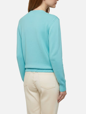 Wassergrüner Pullover New Queen mit Raclette &amp; Paillettes Pailletten-Schriftzug