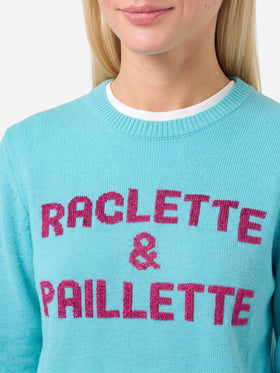 Suéter verde agua New Queen con lettering Raclette & Paillettes de lentejuelas 