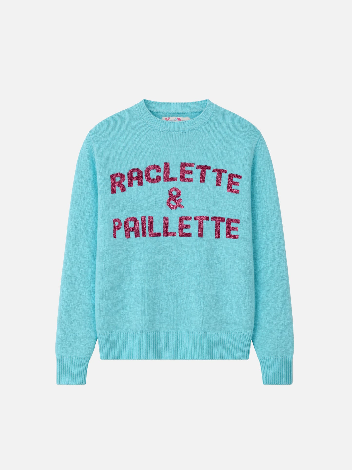 Suéter verde agua New Queen con lettering Raclette & Paillettes de lentejuelas 
