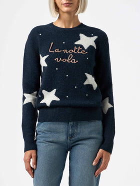 Blauer Damenpullover New Queen mit La notte vola-Stickerei und Sternen-Jacquard