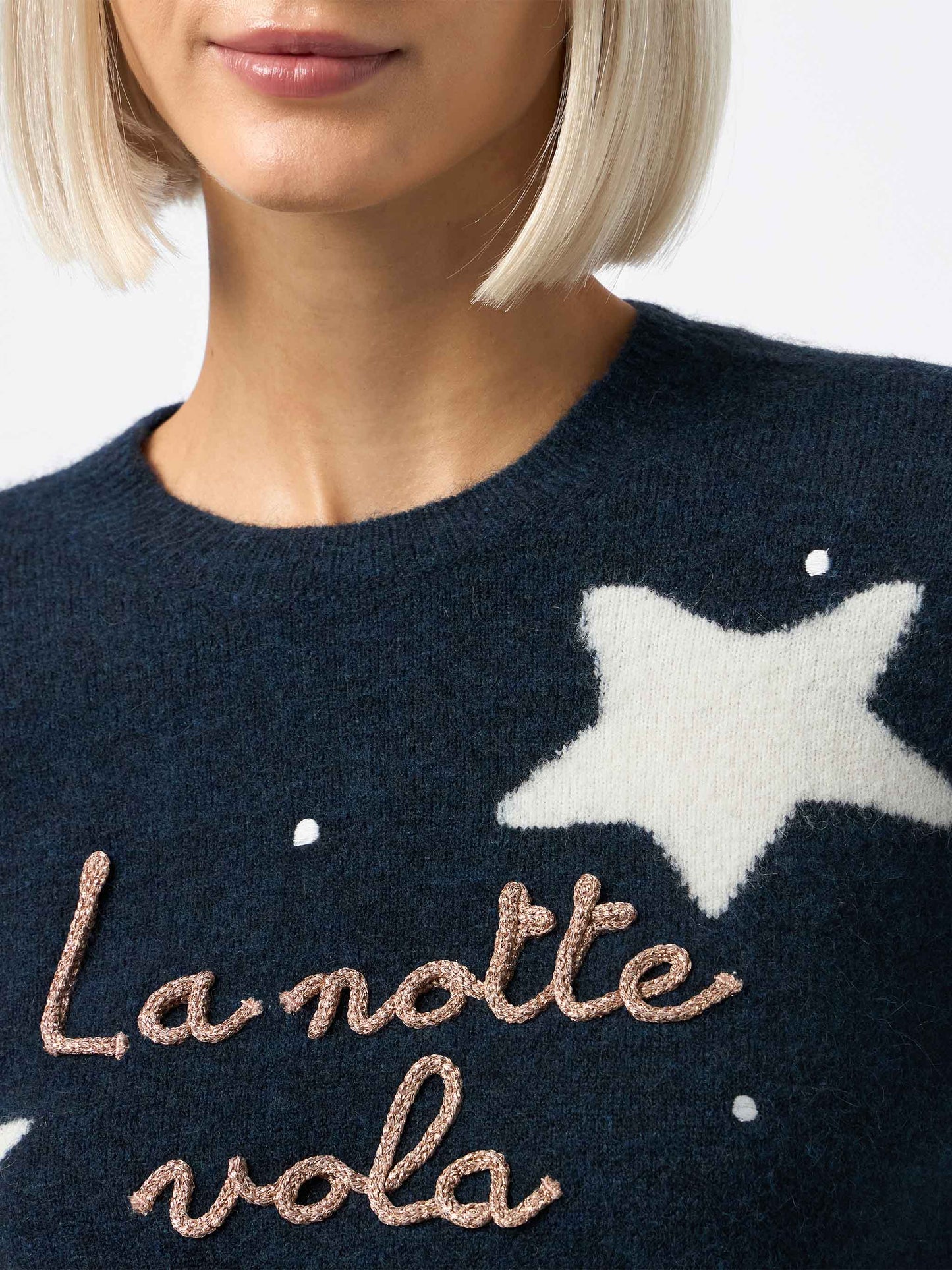Blauer Damenpullover New Queen mit La notte vola-Stickerei und Sternen-Jacquard