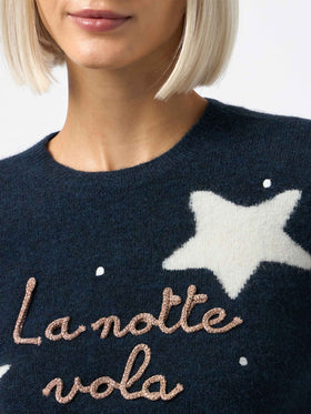 Blauer Damenpullover New Queen mit La notte vola-Stickerei und Sternen-Jacquard