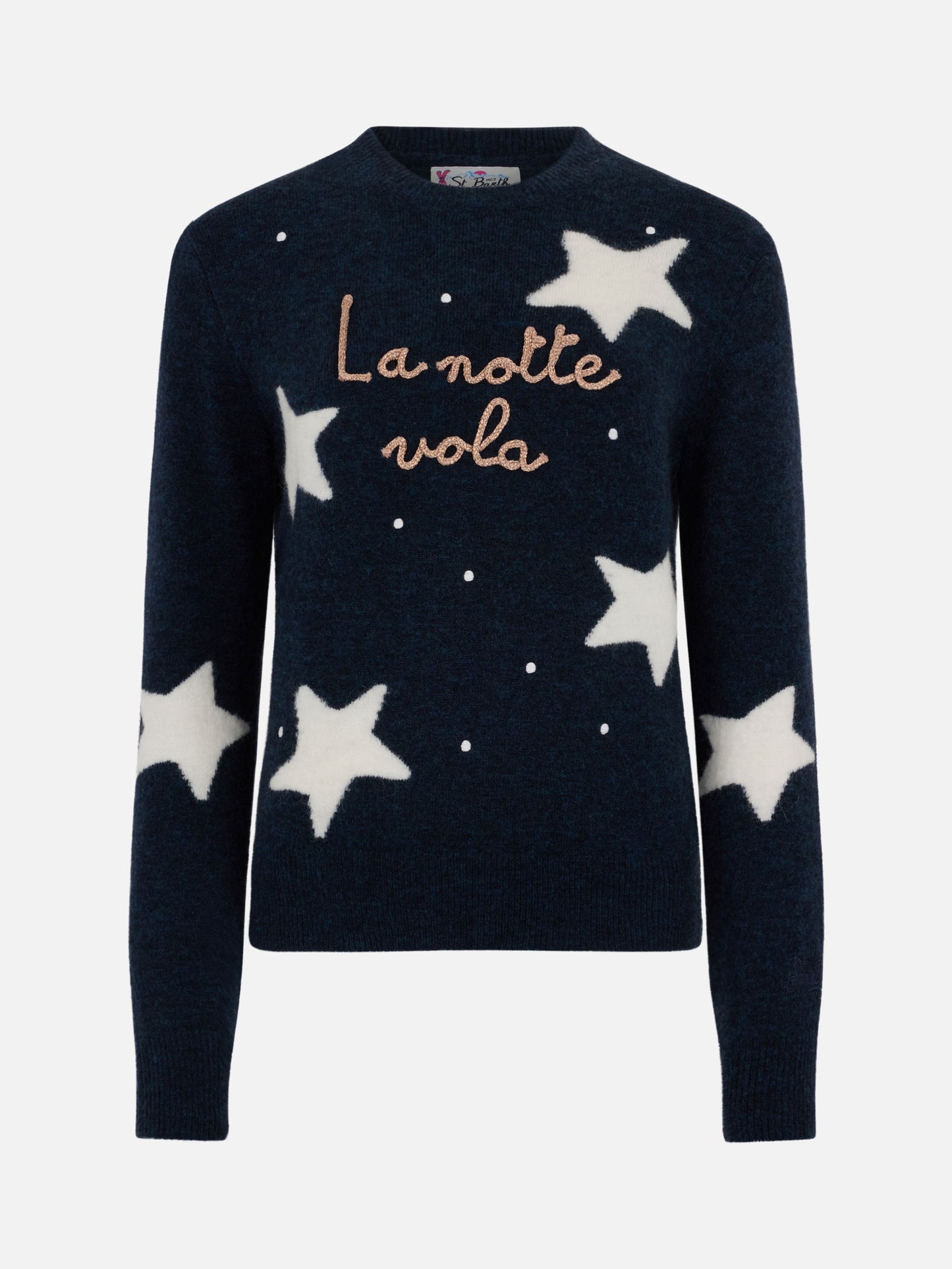 Blauer Damenpullover New Queen mit La notte vola-Stickerei und Sternen-Jacquard