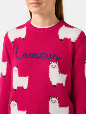 New Queen fuchsia alpaca blend sweater with L Amour embroidery