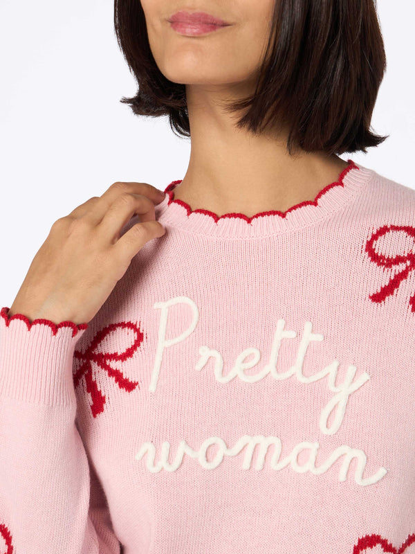 Woman pink sweater New Queen with Pretty Woman embroidery and ribbons print